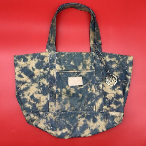 Michael Kors Jet Set Tote Blue & Beige Tie Dye Soft Genuine Leather Tote Bag - Picture 1 of 12